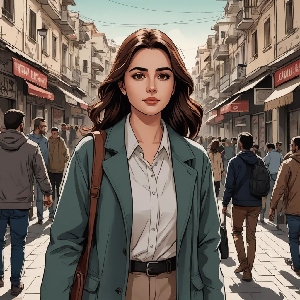 a woman in a green jacket is walking down a street with a crowd of people behind her and a man in a blue jacket is walking down the street, serial art, a comic book panel, Ayshia Taşkın, graphic novel