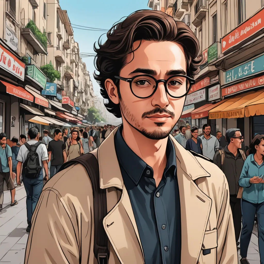 a man with glasses standing in front of a crowd of people on a city street with buildings and stores, serial art, a character portrait, Asaf Hanuka, character portrait