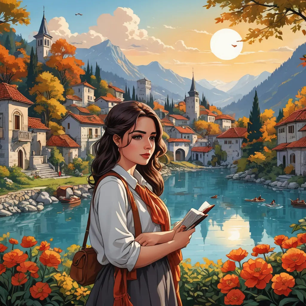 a painting of a woman holding a book in front of a river and a town with mountains in the background, fantasy art, a detailed painting, Evgeny Lushpin, kinkade