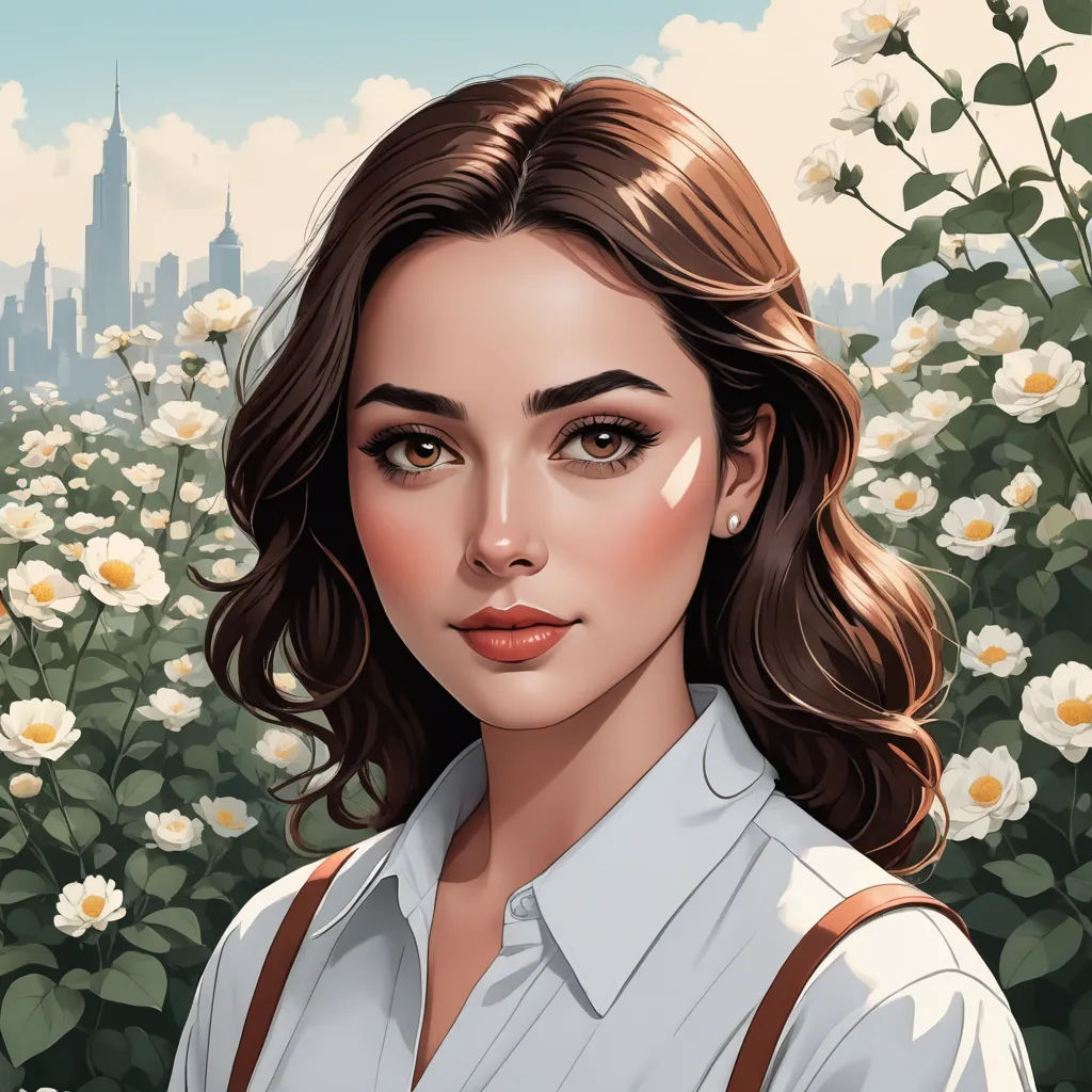 a painting of a woman in a field of flowers with a city in the background and a sky line, fantasy art, a character portrait, Charlie Bowater, trending on art station