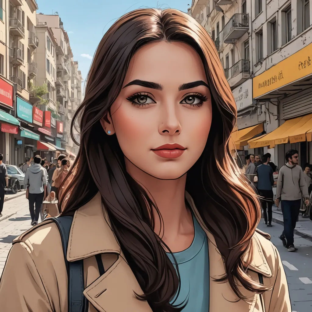 a digital painting of a woman in a city street with people walking around and buildings in the background,, photorealism, a comic book panel, Alena Aenami, ultra realistic digital art