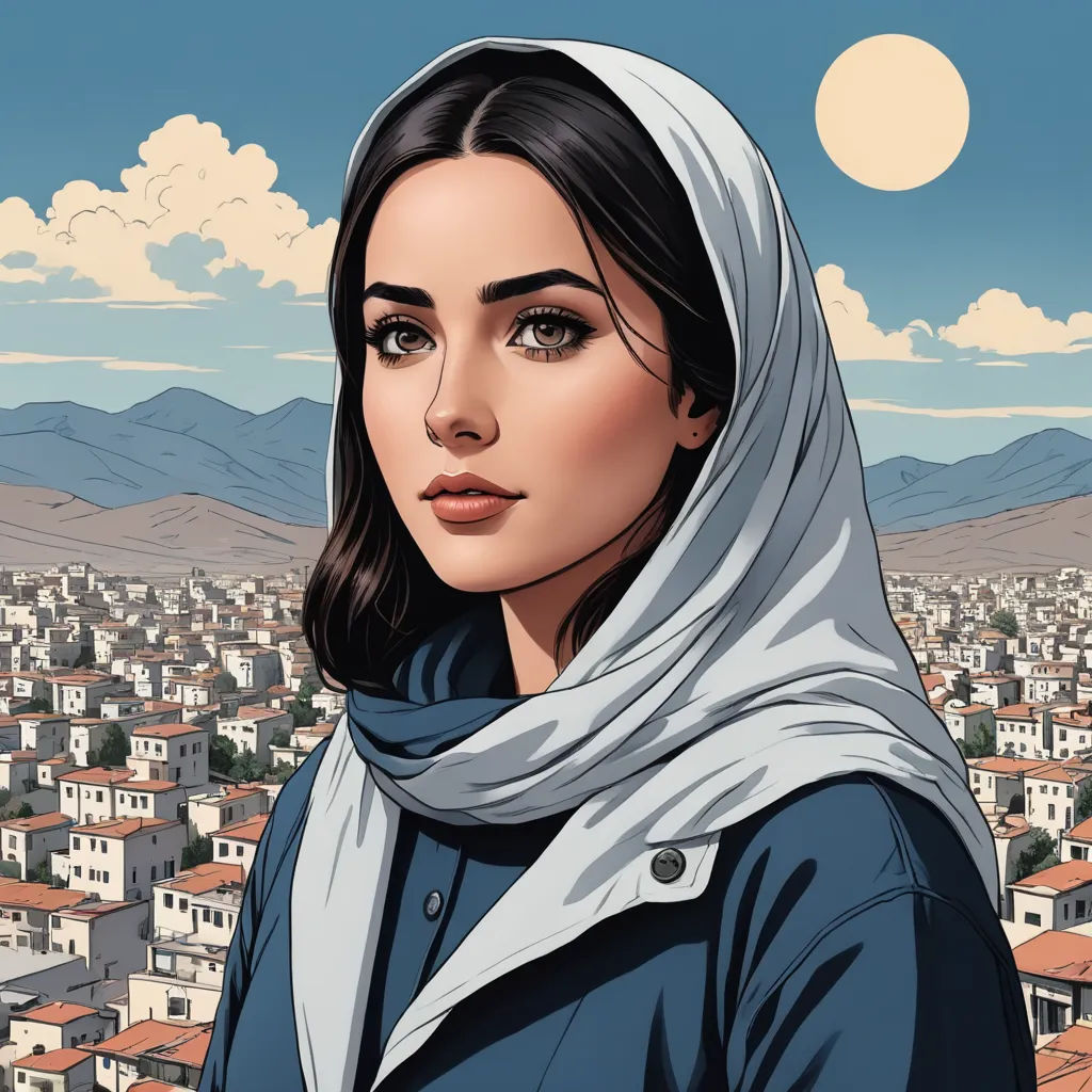 a woman with a scarf on her head standing in front of a cityscape with mountains and clouds, serial art, a character portrait, Amir Zand, comic cover art