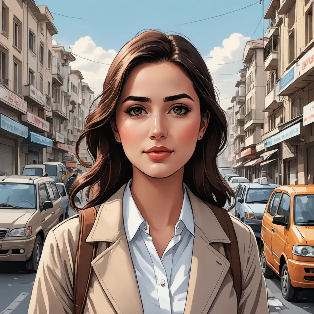 a woman in a trench coat is standing in the street with cars and buildings in the background and a yellow van, serial art, a comic book panel, Alena Aenami, city background