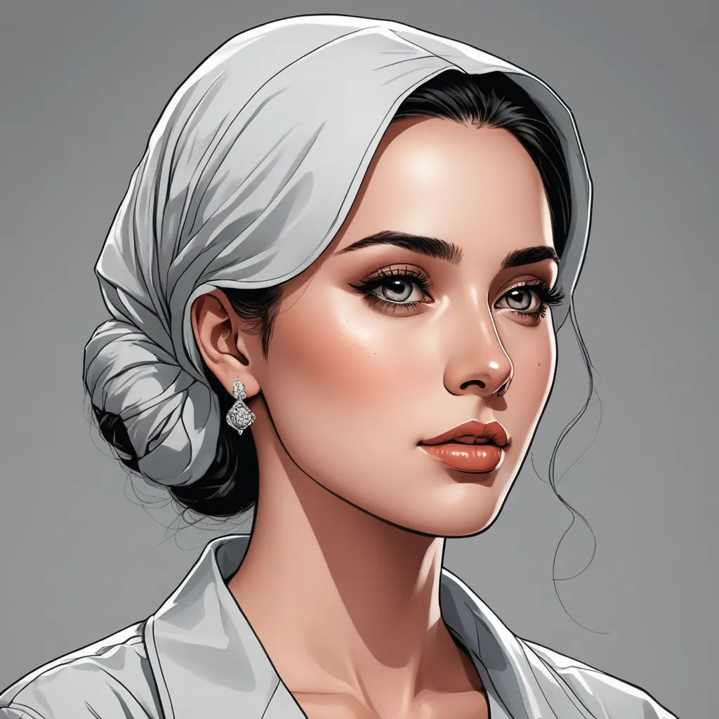 a woman with a white head scarf on her head and a gray shirt on her shoulders, with a gray background, sots art, a character portrait, Charlie Bowater, detailed portrait