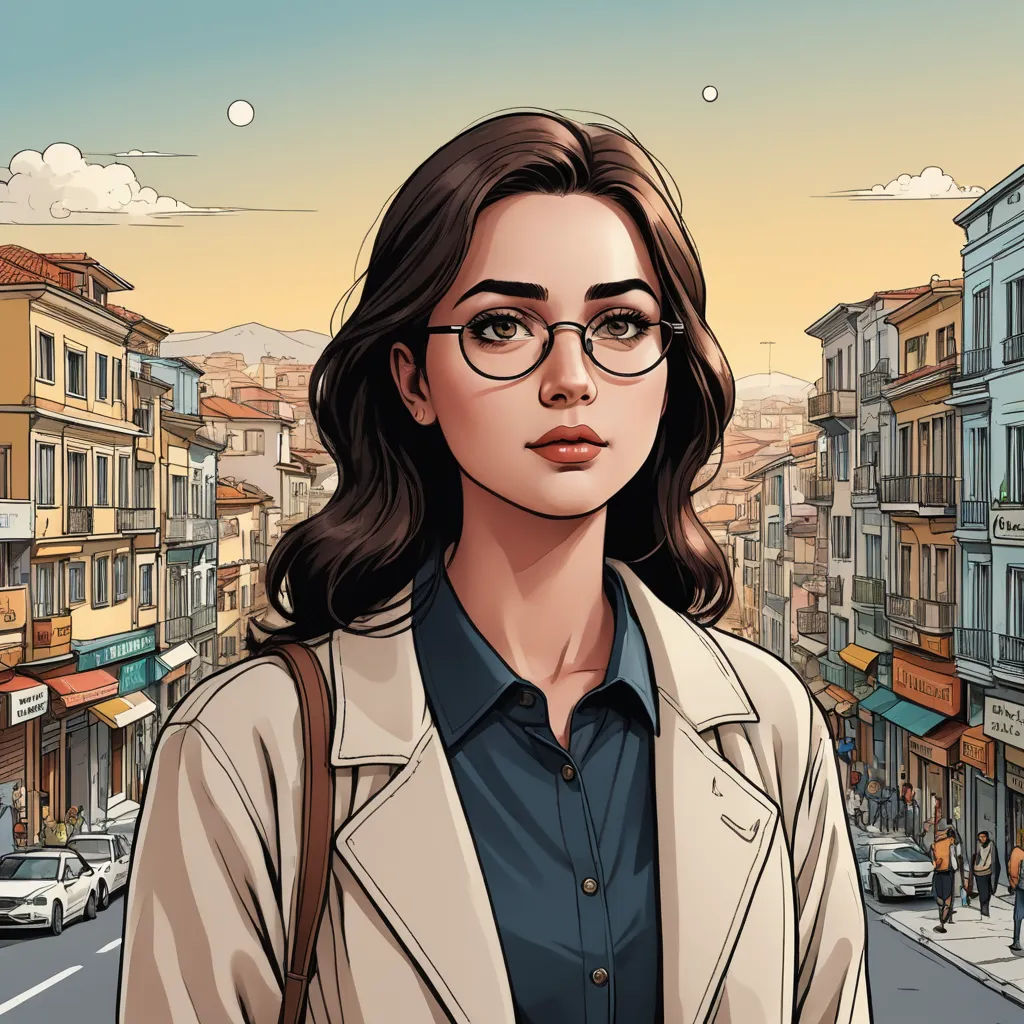 a woman with glasses standing in front of a city street with buildings and cars on the street and a man in a suit, serial art, a comic book panel, Alena Aenami, city background
