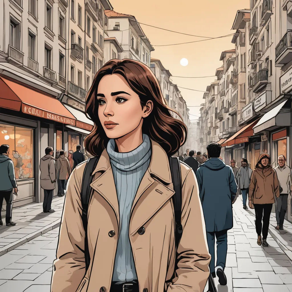 a woman in a trench coat is walking down the street in a city with people walking by her and a man walking down the street, serial art, a comic book panel, Alena Aenami, graphic novel