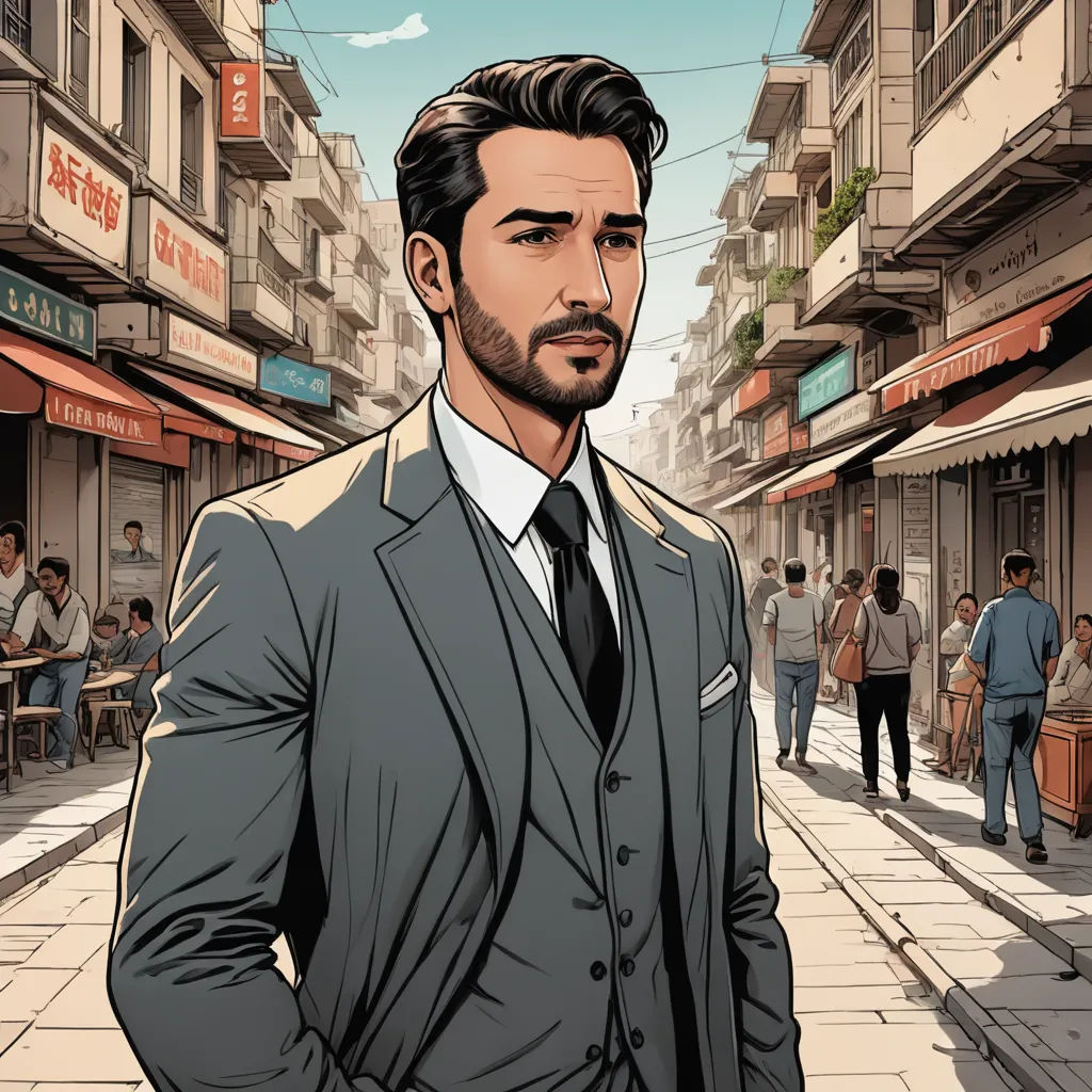 a man in a suit and tie standing on a street corner in front of a crowd of people,, aestheticism, a character portrait, Amir Zand, character portrait
