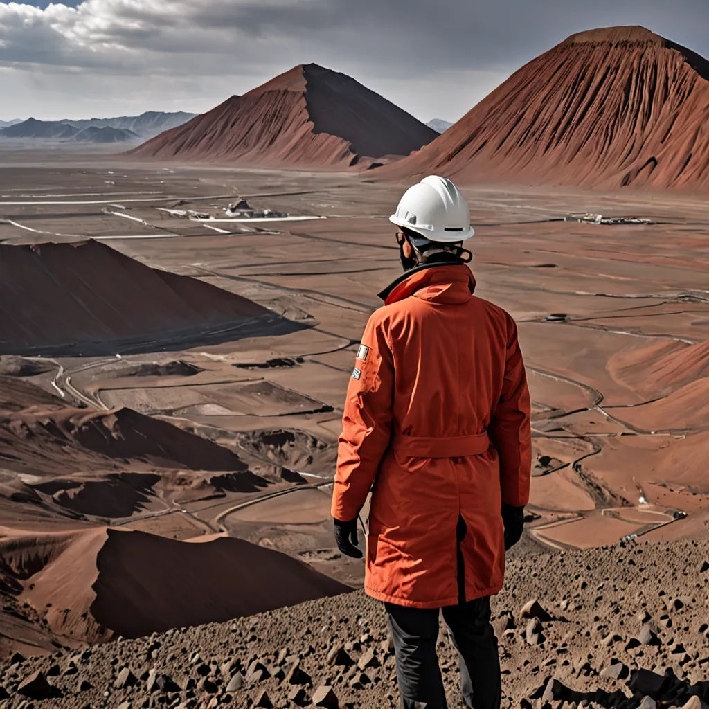a man in an orange jacket looking out over a desert landscape with mountains in the background and a sky with clouds, land art, a detailed matte painting, Alberto Burri, promotional image