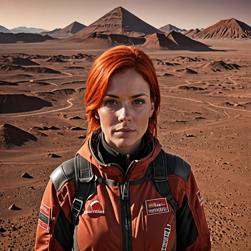 a woman with red hair standing in the desert with mountains in the background and a dirt road in the foreground, space art, a character portrait, Felix-Kelly, promotional image