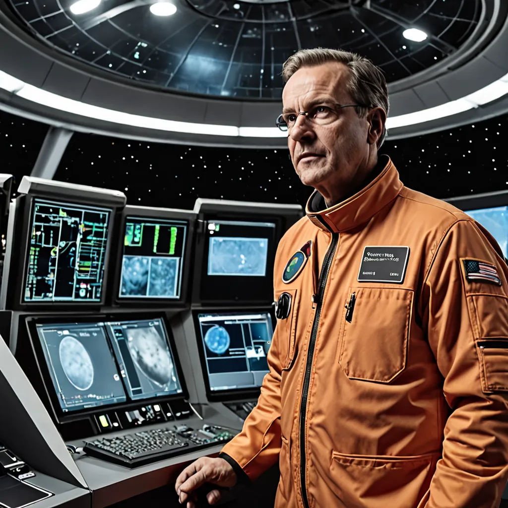 a man in an orange space suit standing in front of a computer screen with multiple screens on it and a laptop on the desk, space art, a detailed matte painting, Charles Mahoney, promotional image