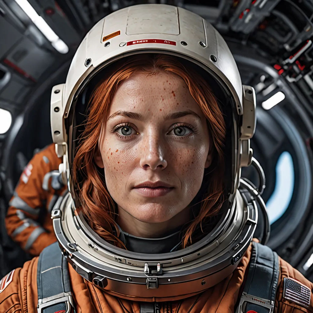 a woman in a space suit with a helmet on her head and a space station in the background with a man in the background, space art, a character portrait, Felix-Kelly, promotional image