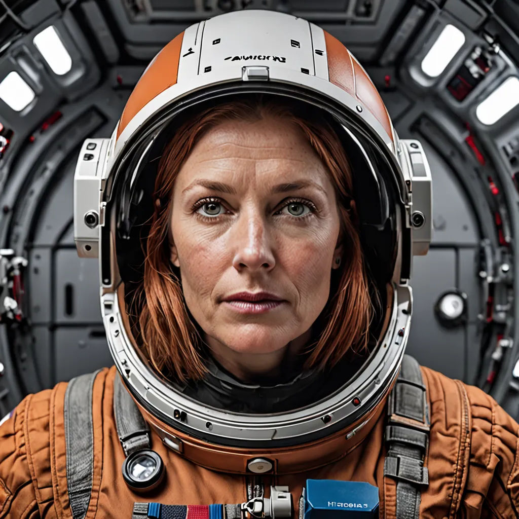 a woman in a space suit with a helmet on her head and a camera around her neck, looking into the distance, space art, a character portrait, Felix-Kelly, promotional image