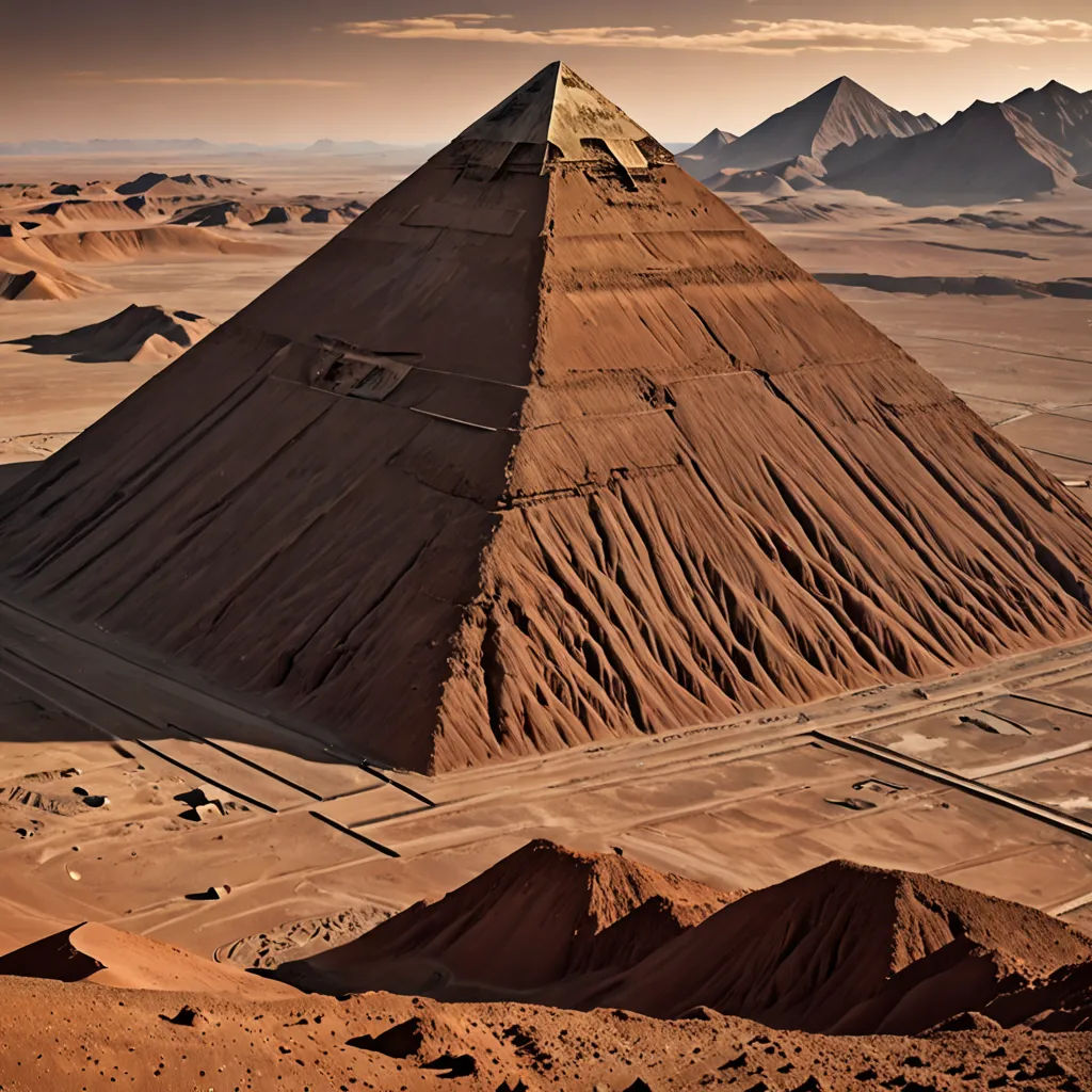 a large pyramid in the middle of a desert with mountains in the background and a road running through it, land art, egyptian art, Amir Zand, epic scale