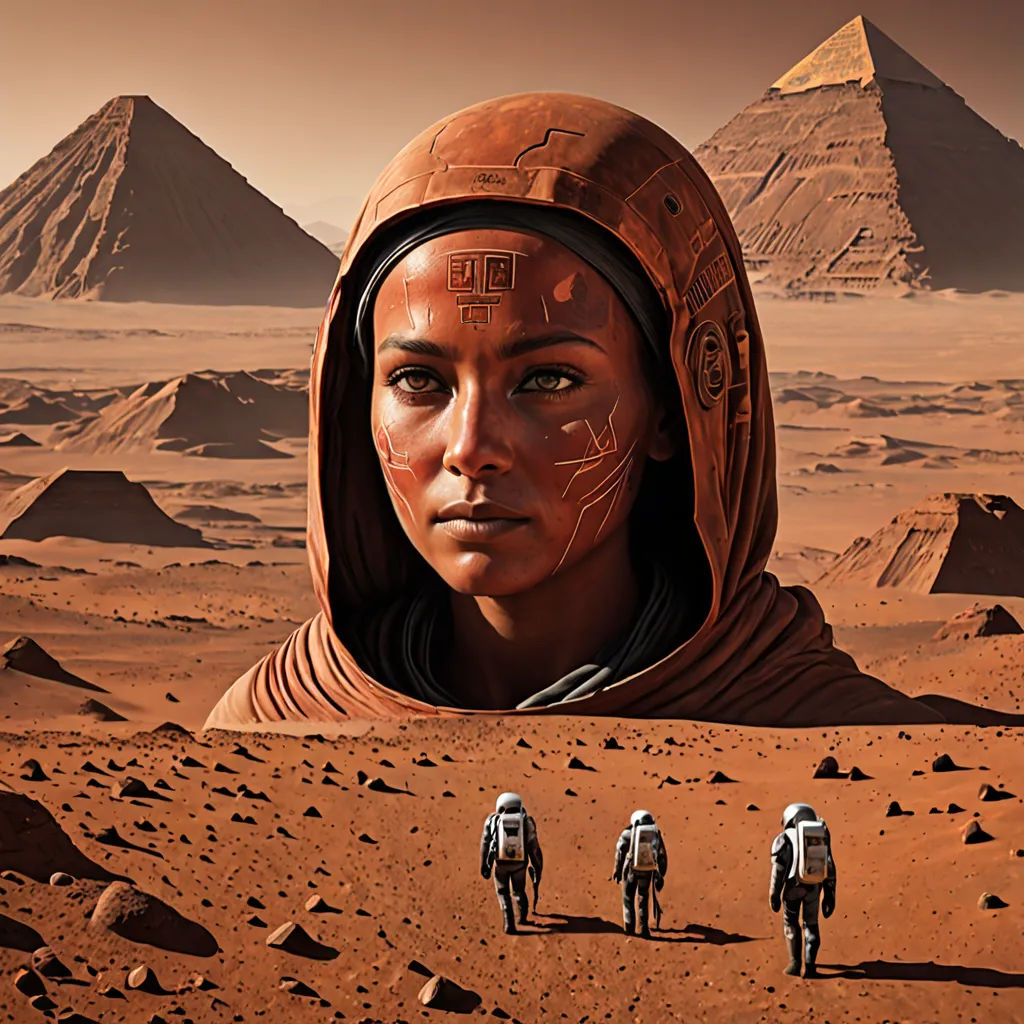a group of people walking across a desert covered in sand and rocks with pyramids in the background and a woman with a face painted on her face, afrofuturism, a detailed matte painting, Chris Moore, mars ravelo and greg rutkowski