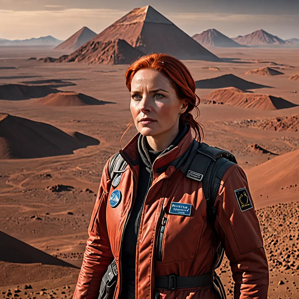 a woman in a red jacket standing in the desert with mountains in the background and a sky filled with clouds, afrofuturism, a detailed matte painting, Felix-Kelly, promotional image