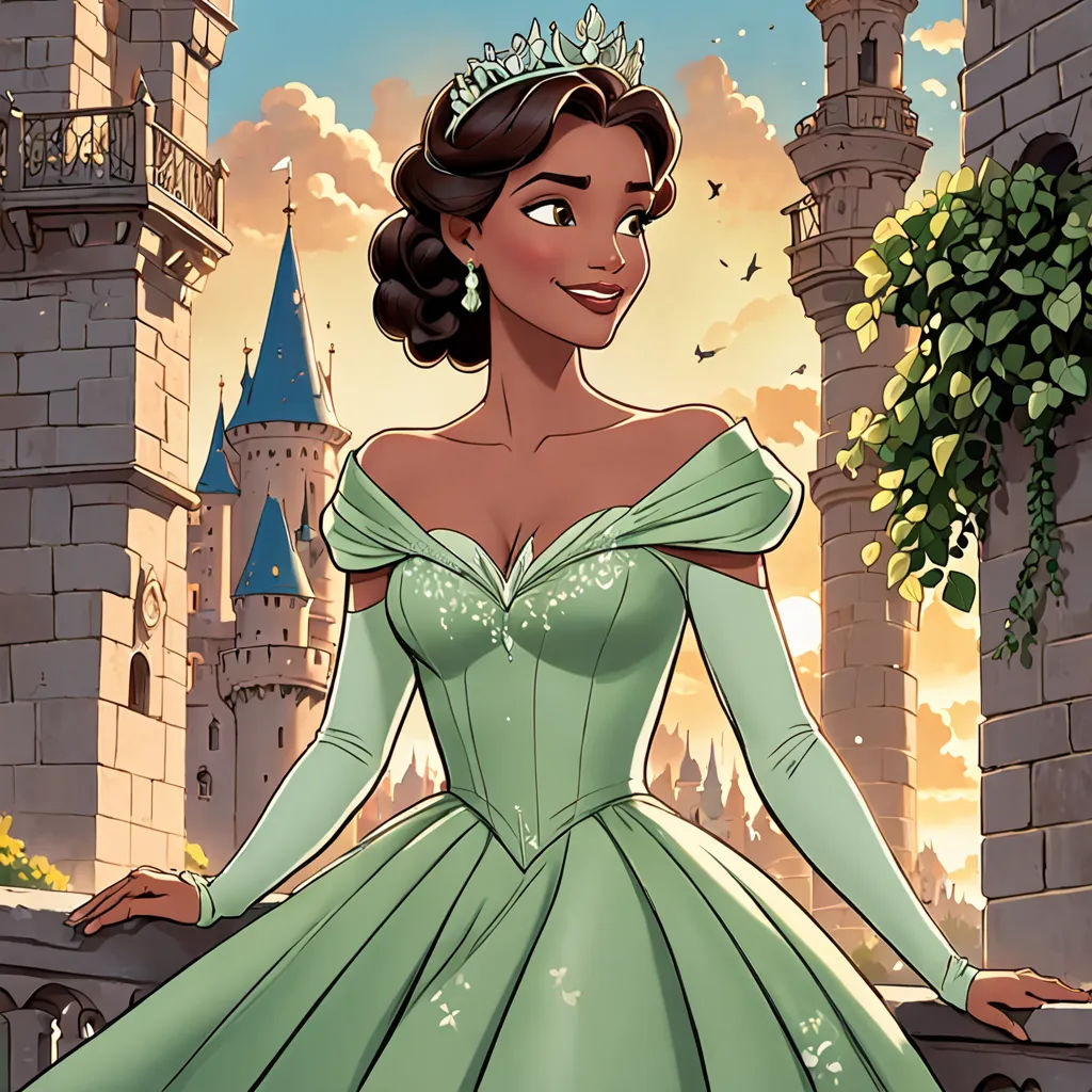 a cartoon of a princess in a green dress standing in front of a castle with a bird flying overhead, magical realism, a storybook illustration, disney, rossdraws global illumination