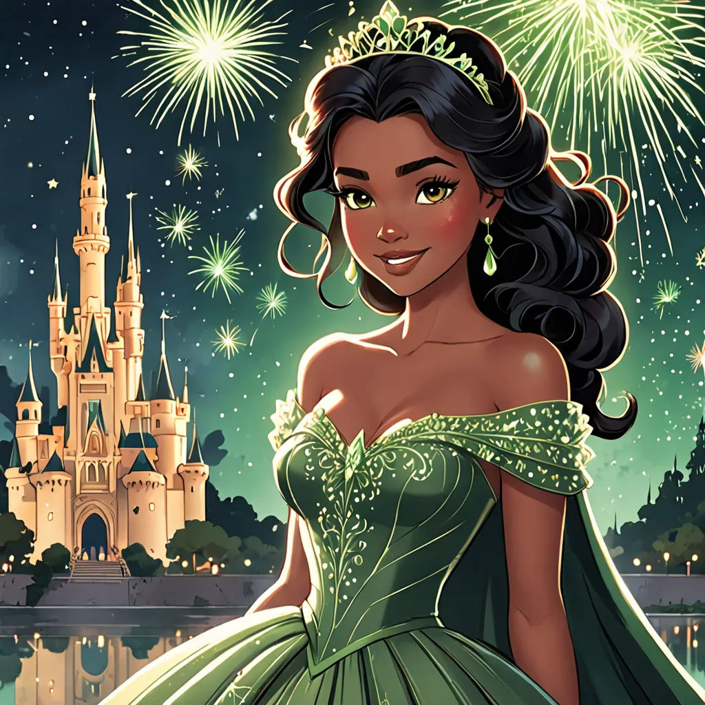 a cartoon of a princess in a green dress with a castle in the background and fireworks in the sky, fantasy art, concept art, disney, official art