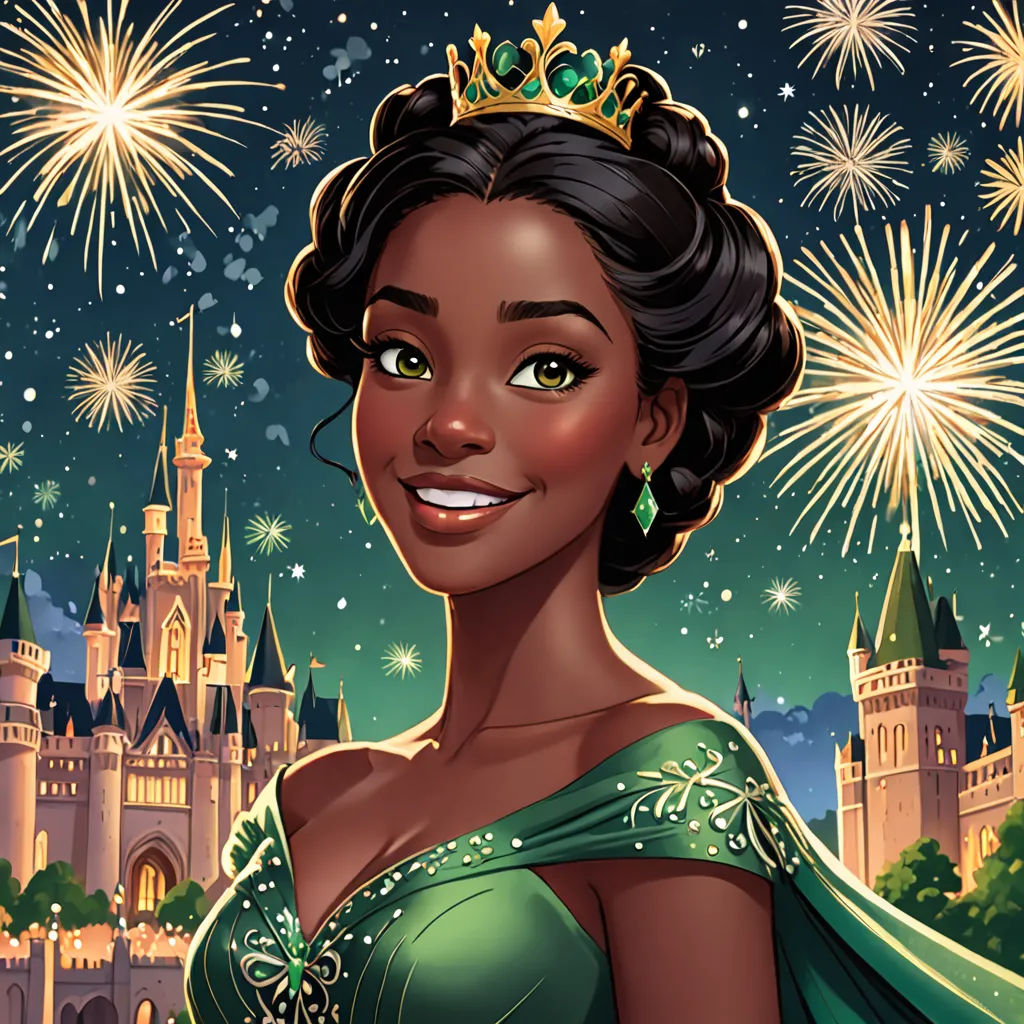 a cartoon of a woman in a green dress with a tiara on her head and fireworks in the background, sots art, a character portrait, disney, official art