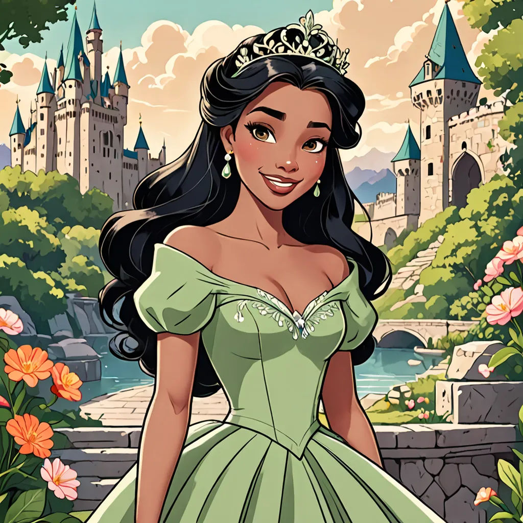 a cartoon of a woman in a green dress with a castle in the background and flowers in the foreground, fantasy art, a character portrait, disney, official art