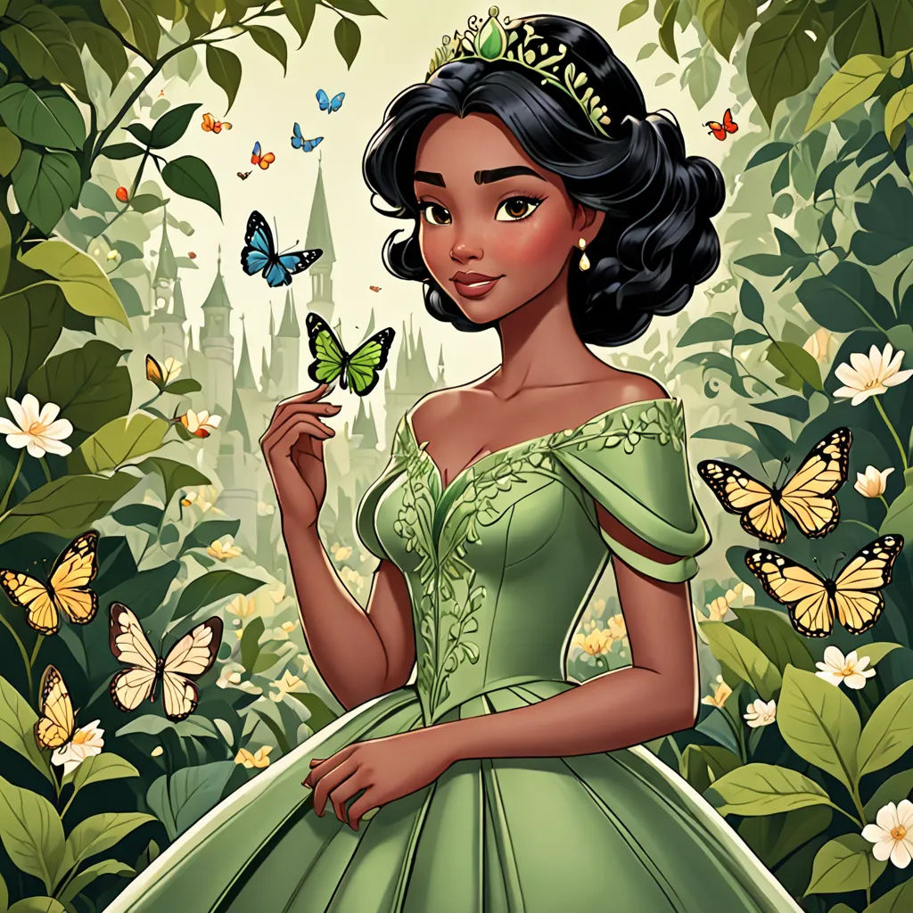 a woman in a green dress holding a butterfly in a forest with butterflies around her and a castle in the background, magic realism, a character portrait, disney, promotional image