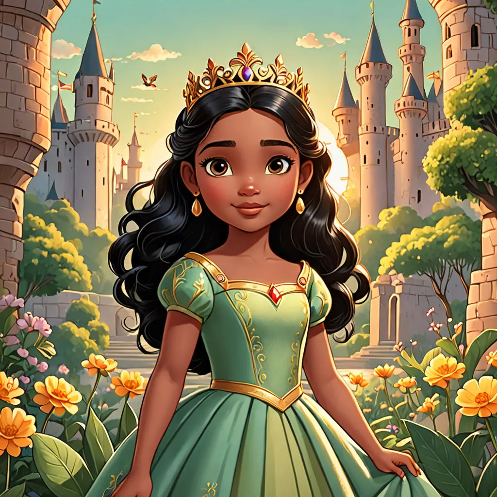 a cartoon of a princess standing in front of a castle with flowers and trees around her and a castle in the background, fantasy art, a character portrait, disney, official art