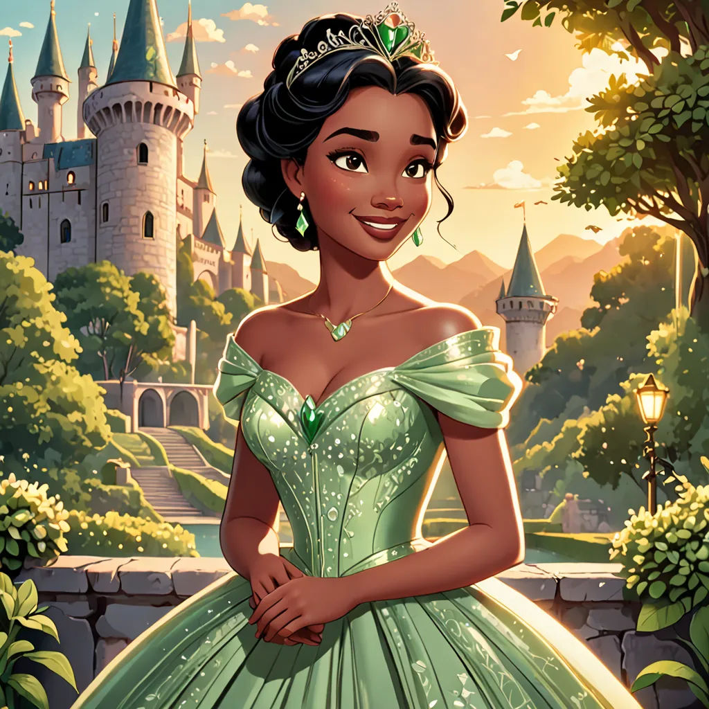 a cartoon of a princess in a green dress in front of a castle with a green tiara on, sots art, a character portrait, disney, official art
