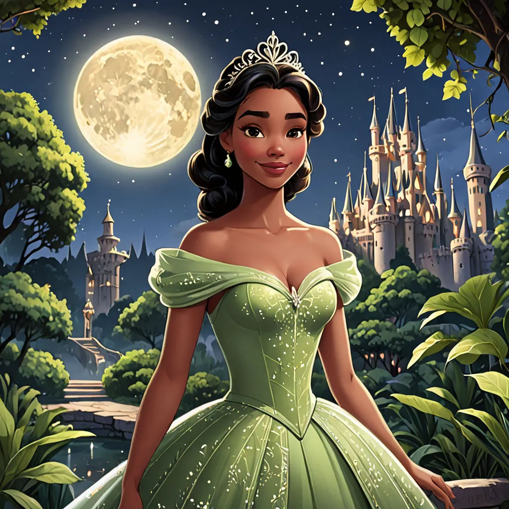 a cartoon of a princess in a green dress standing in front of a castle at night with a full moon, magical realism, a character portrait, disney, promotional image