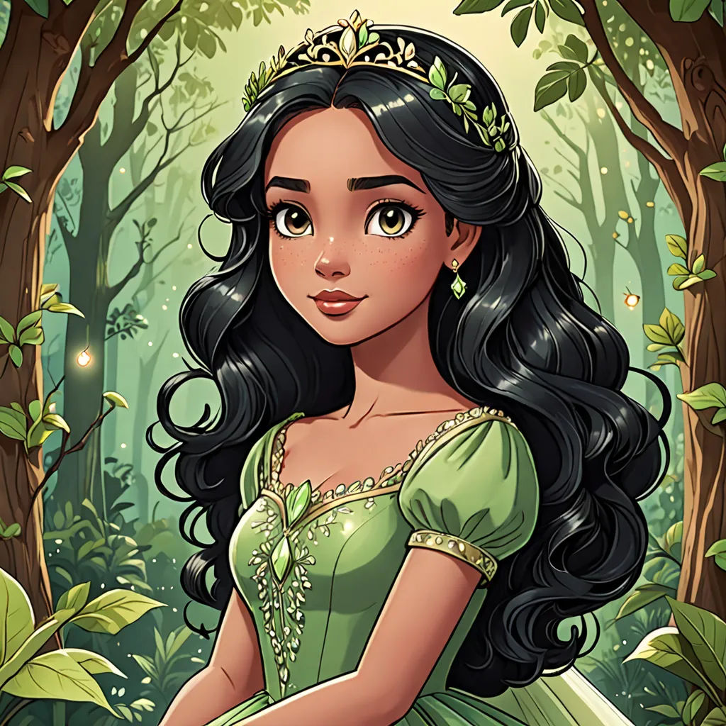 a cartoon of a princess sitting in the woods with a tiara on her head and a green dress, fantasy art, a character portrait, Anne Stokes, olive skin