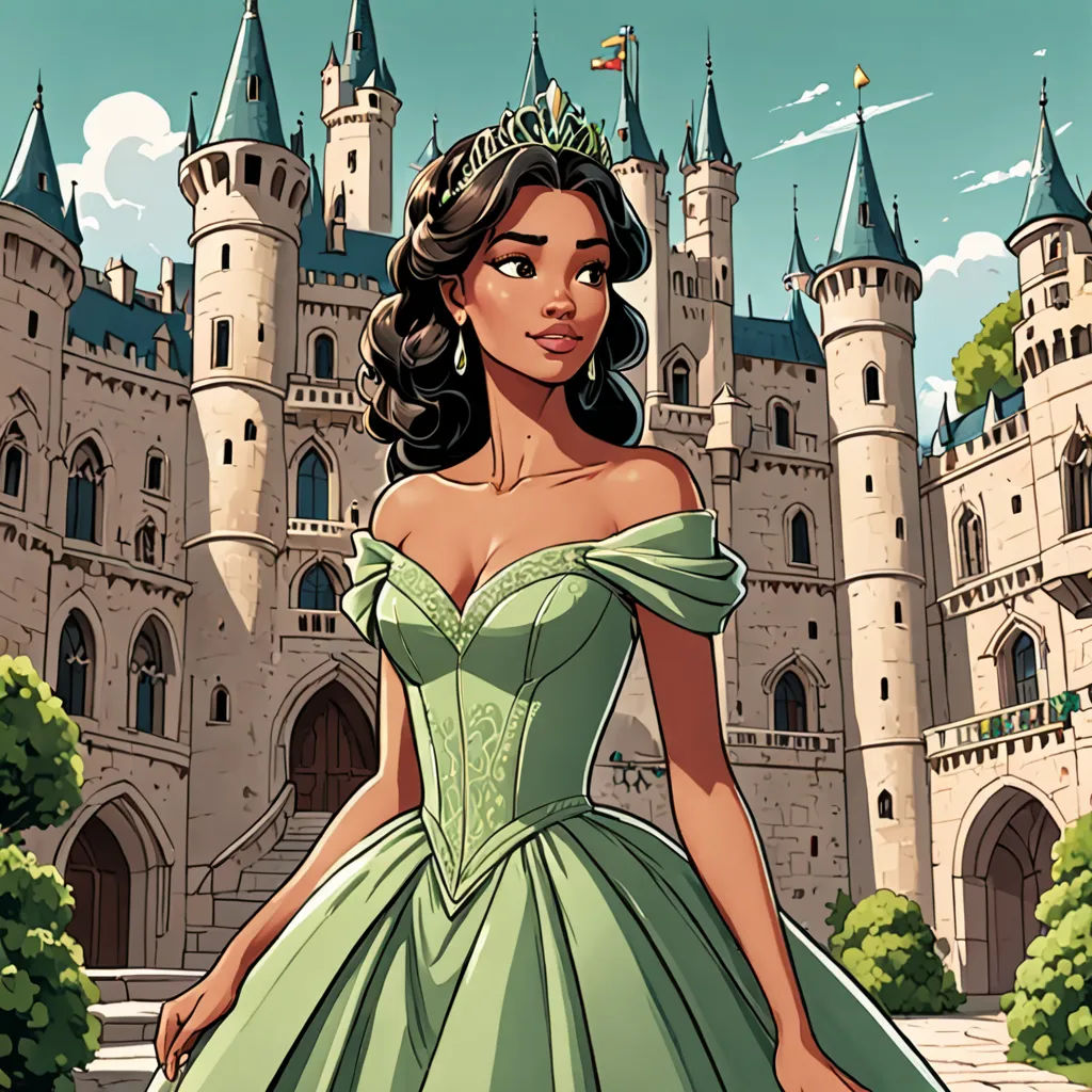 a cartoon of a woman in a green dress in front of a castle with a clock tower on it, fantasy art, a storybook illustration, disney, rossdraws global illumination