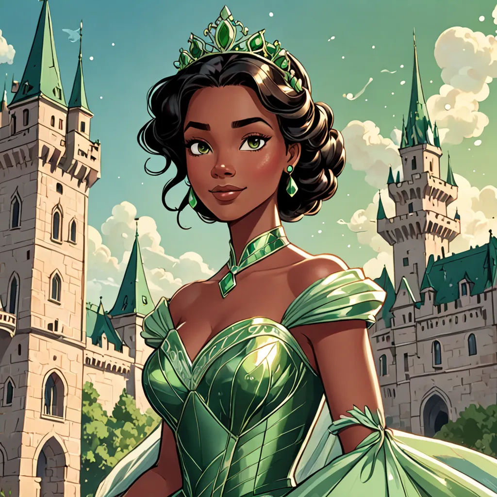 a cartoon of a woman in a green dress in front of a castle with a clock tower in the background, fantasy art, a comic book panel, Artgerm, rossdraws global illumination
