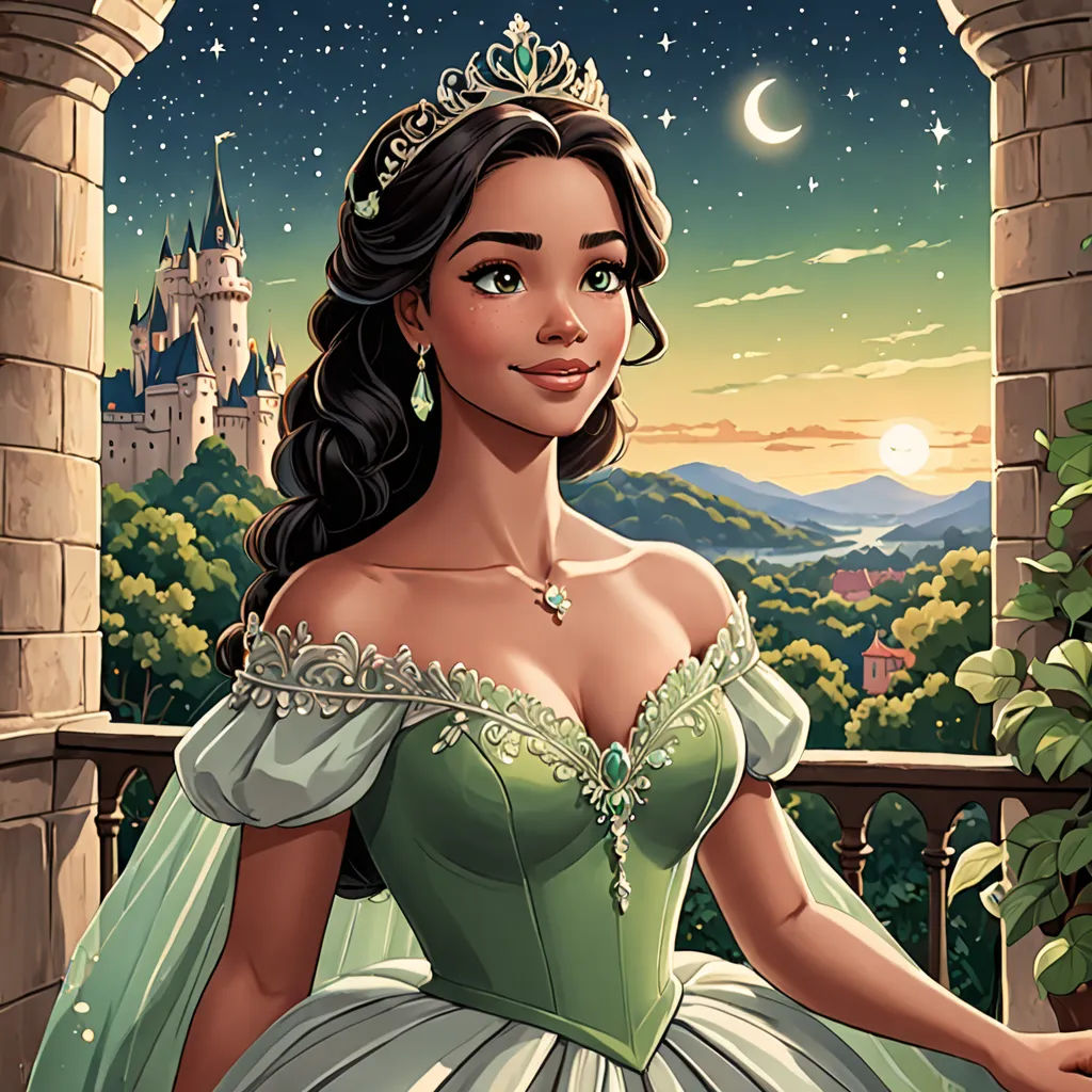 a cartoon of a princess in a green dress with a castle in the background and a crescent moon in the sky, fantasy art, a character portrait, disney, kinkade