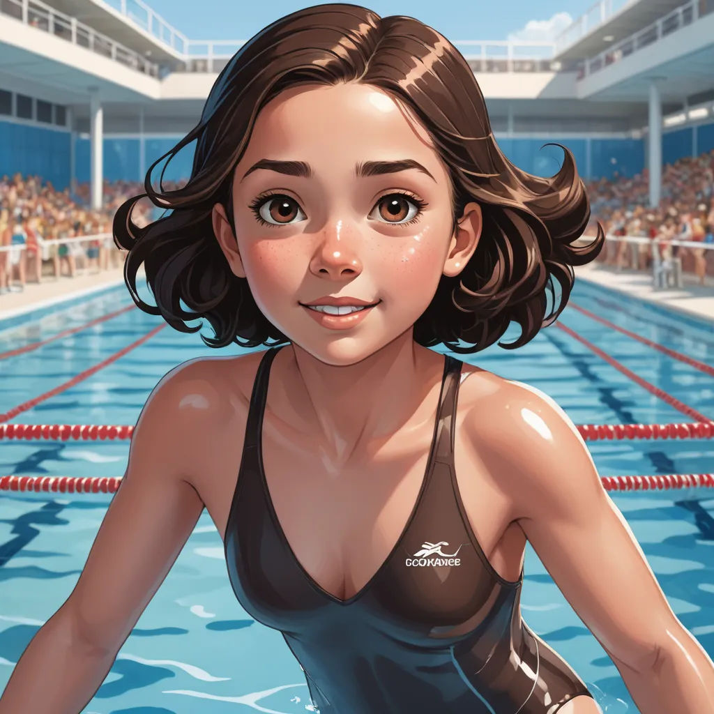 a cartoon of a woman in a swim suit in a pool with a crowd of people in the background, photorealism, an ultrafine detailed painting, Cliff Childs, rossdraws global illumination