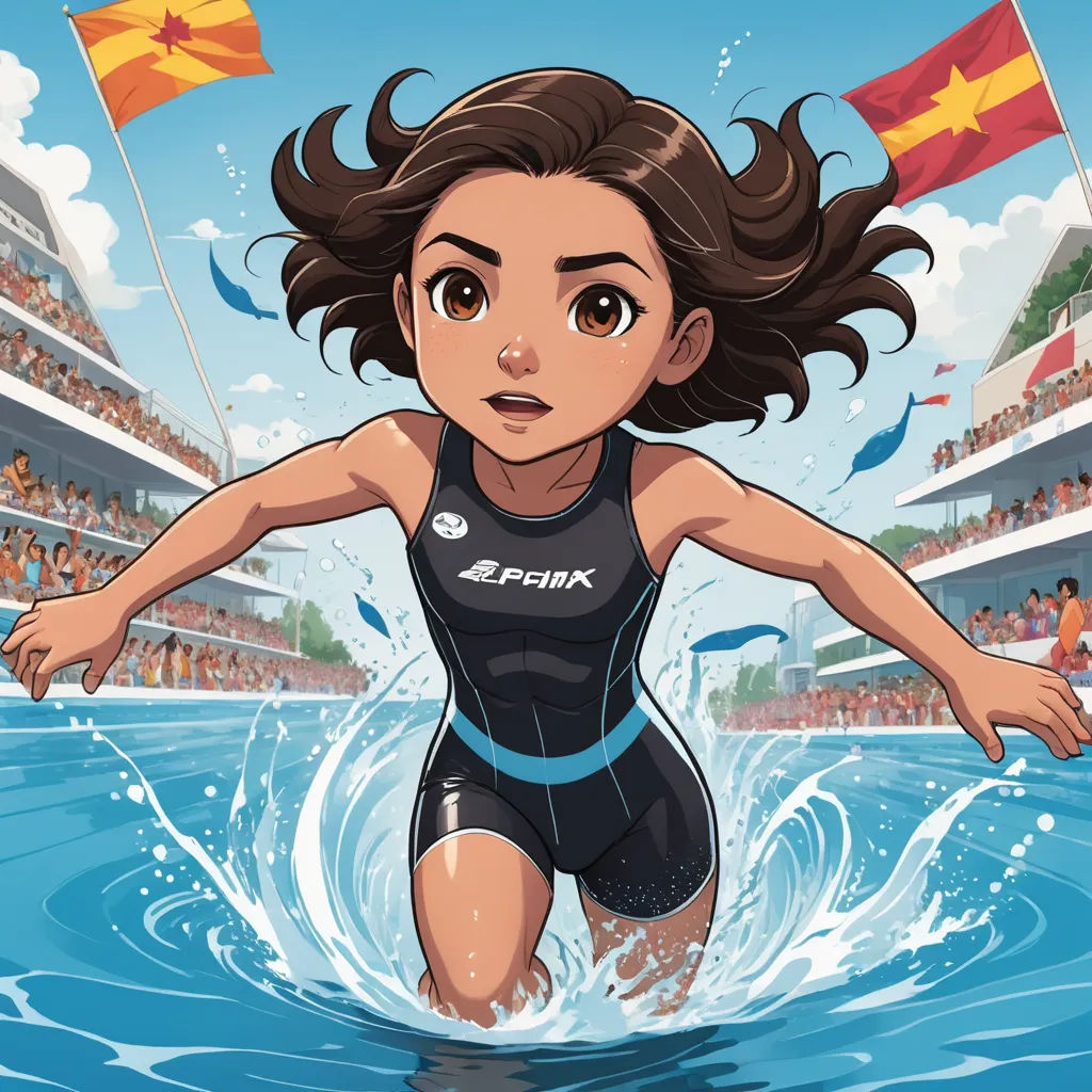 a cartoon girl in a wet suit running in the water with a crowd of people watching from the stands, panfuturism, a comic book panel, Diego Gisbert Llorens, official art
