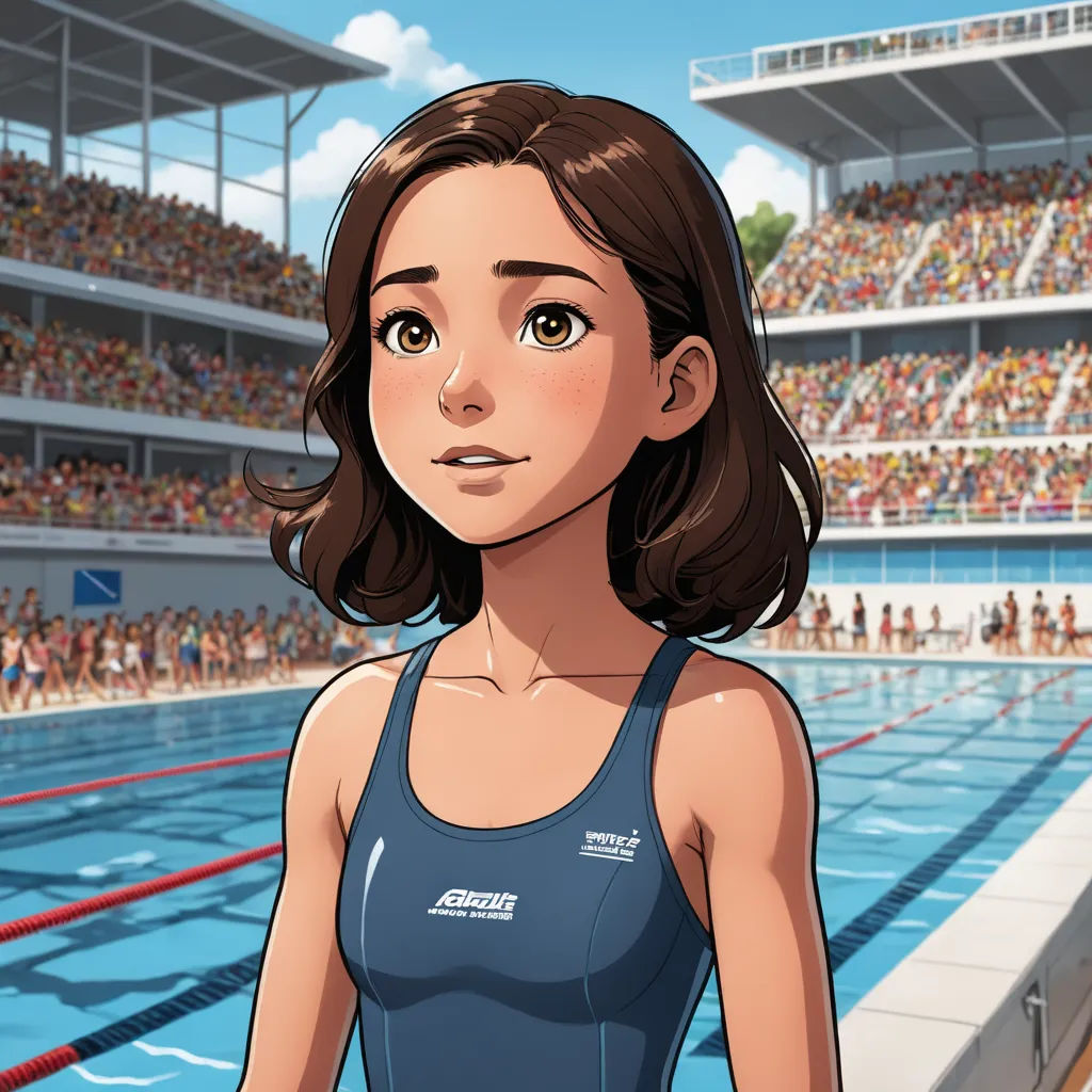 a woman in a swim suit standing in front of a swimming pool with a crowd of people in the stands, sots art, a character portrait, Chizuko Yoshida, official art