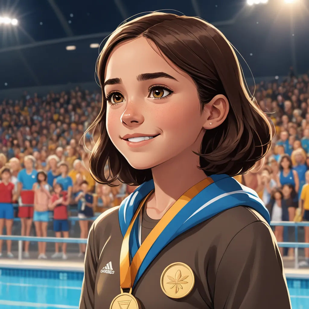 a cartoon of a woman with a medal around her neck and a crowd of people behind her in a stadium, symbolism, a character portrait, Cliff Childs, official art