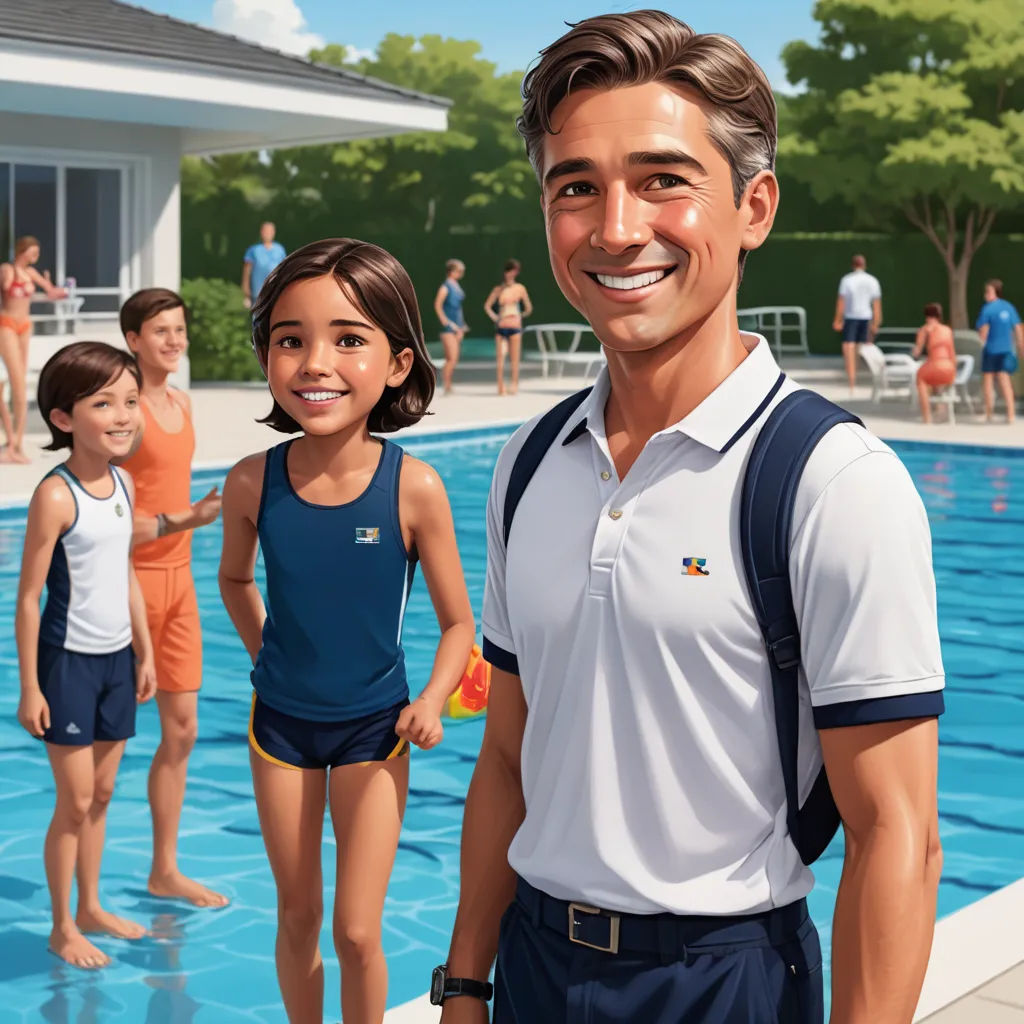 a man standing next to a swimming pool with a girl and boy in front of him and a pool with people in the background, american realism, a storybook illustration, F Scott Hess, promotional image