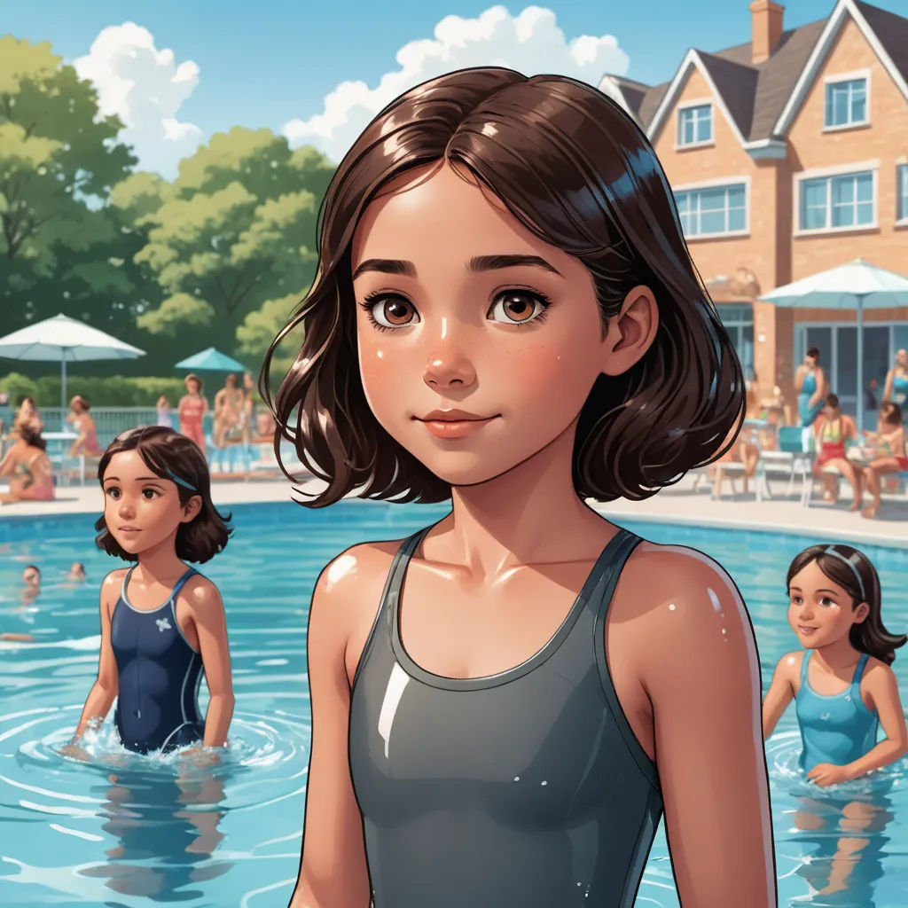 a girl in a swimming pool with other people in the background and a house in the background with a pool, american scene painting, a storybook illustration, Cliff Childs, ultra realistic illustration