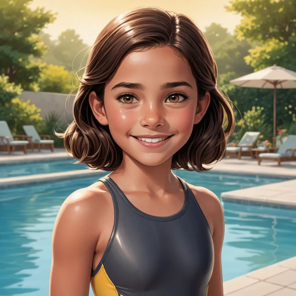 a digital painting of a girl in a swimsuit by a pool with umbrellas and chairs in the background, photorealism, an ultrafine detailed painting, Constance Gordon-Cumming, highly detailed digital painting