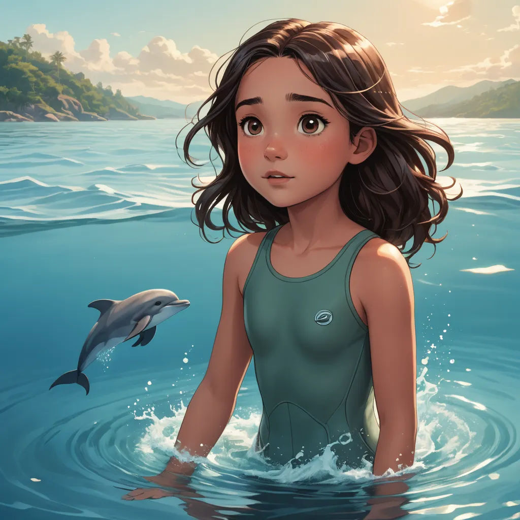 a girl in a body of water with a dolphin in the background and a painting of a dolphin in the water, fantastic realism, a storybook illustration, Cyril Rolando, trending on art station