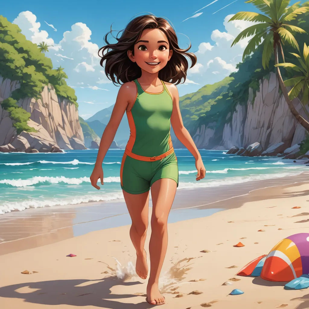 a girl in a green swimsuit walking on a beach near a beach ball and a beach chair with a large mountain in the background, photorealism, a storybook illustration, Cliff Childs, promotional image