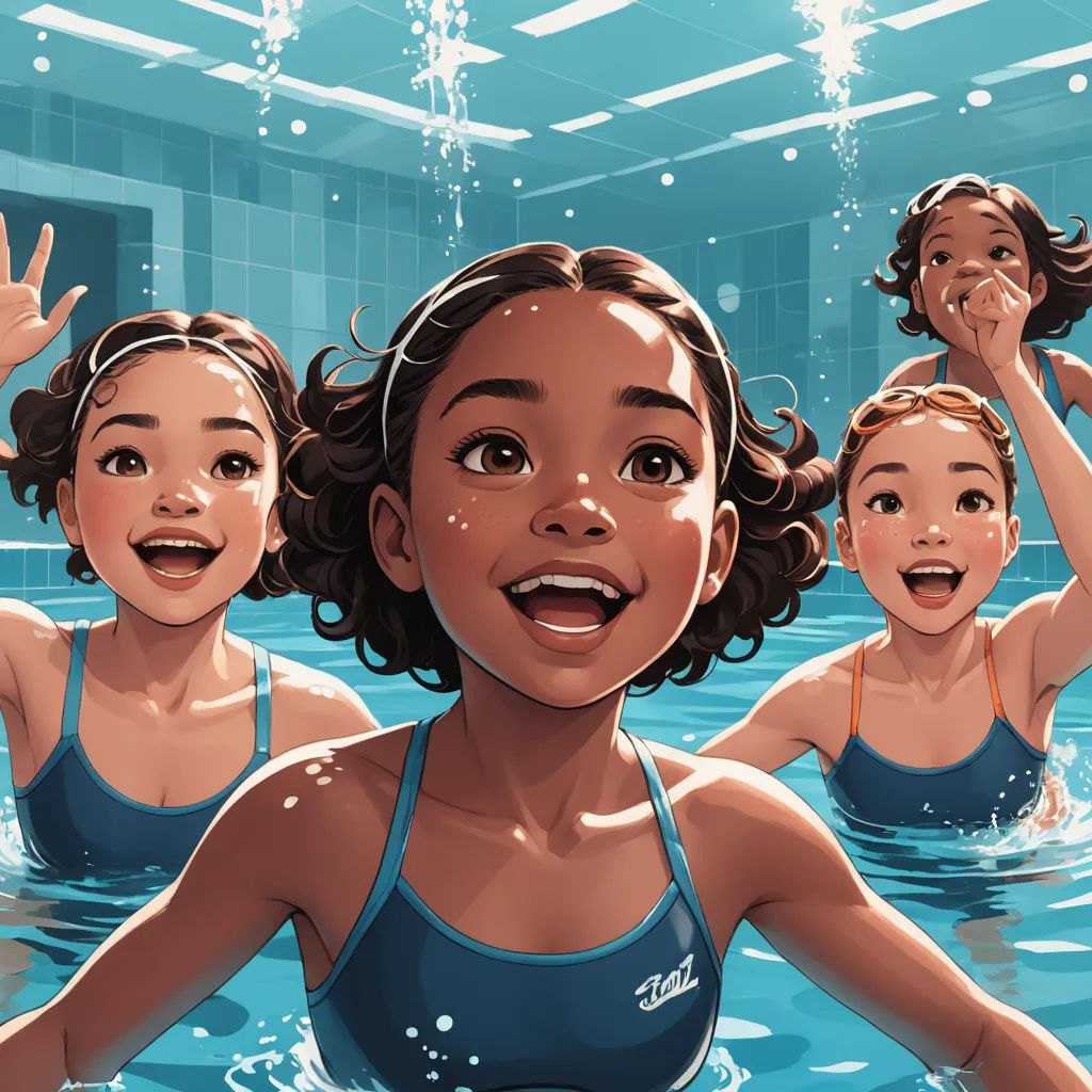 a group of children in a swimming pool with their hands up in the air and their faces slightly obscured by the water, photorealism, a comic book panel, Cliff Childs, comic cover art