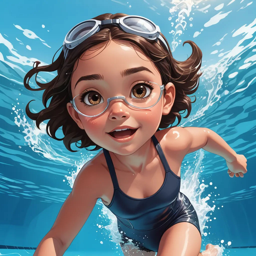 a girl in a swimsuit and goggles swimming under water in a pool with a blue background and a splash of water, photorealism, an ultrafine detailed painting, Cyril Rolando, trending on art station