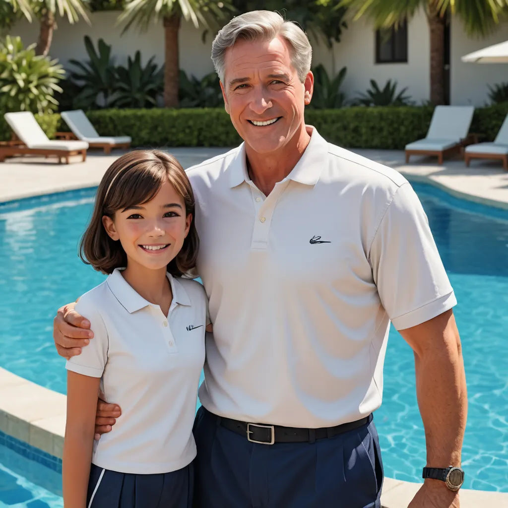 a man and a girl standing next to a pool in front of a house with a palm tree in the background, precisionism, a stock photo, Christian Hilfgott Brand, promotional image