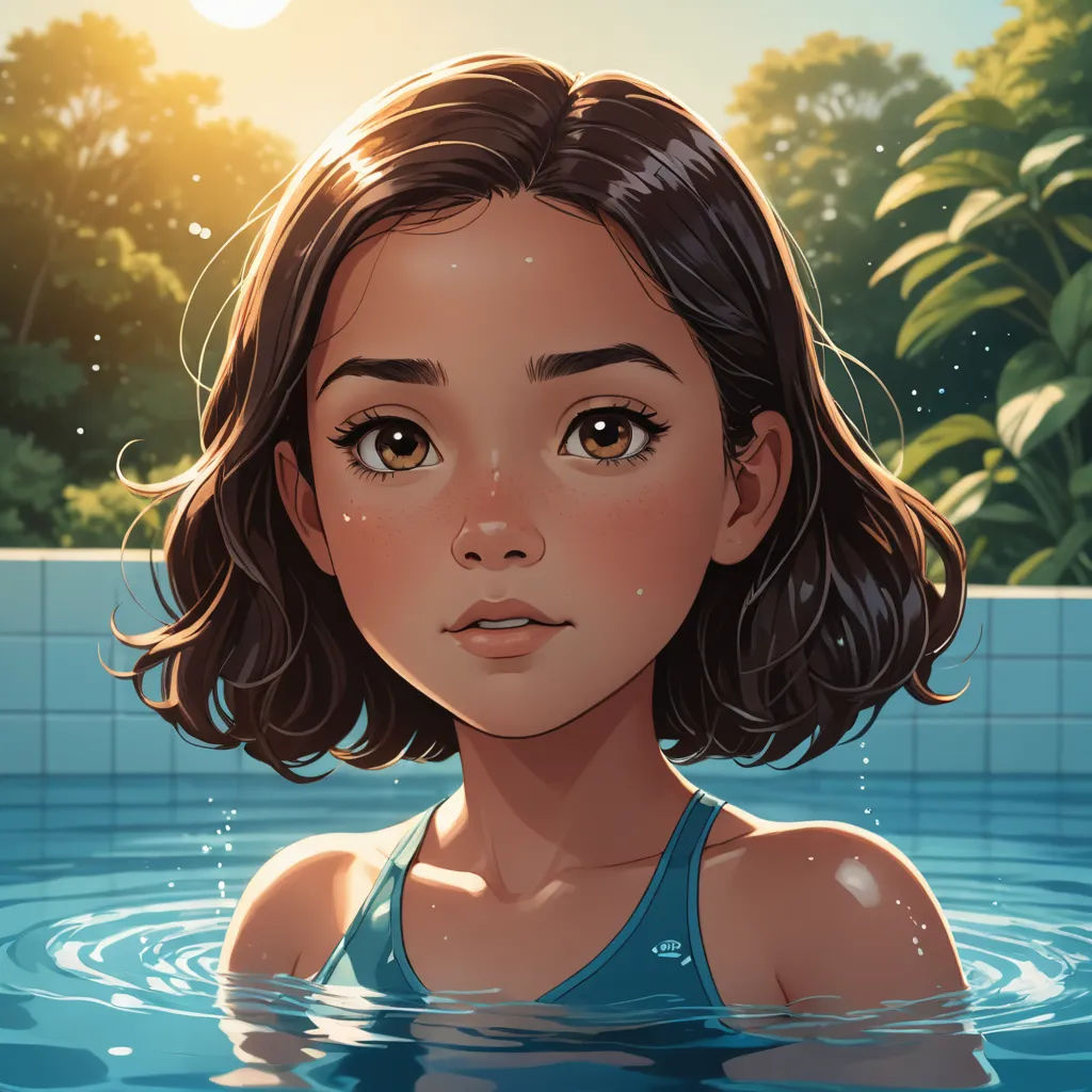 a girl in a pool of water with a sun in the background and trees in the background, with a blue sky and sun, photorealism, a character portrait, Artgerm, rossdraws global illumination