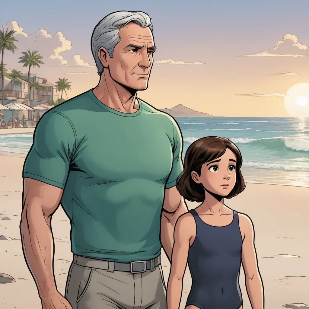 a man and a woman standing on a beach next to the ocean with a sunset in the background and a building in the background, lyco art, a comic book panel, Cliff Childs, comic cover art