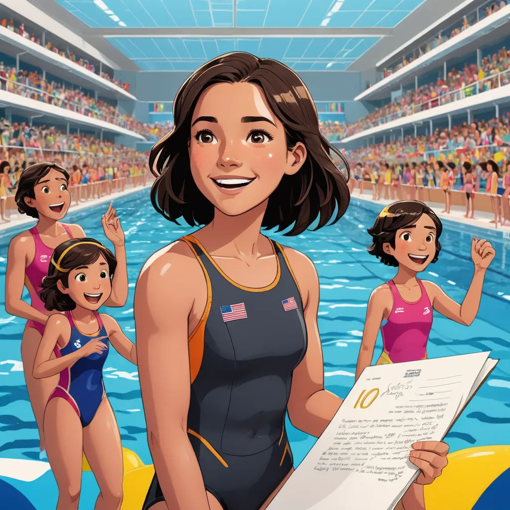 a woman holding a paper in front of a swimming pool with other women in the background and a large crowd of people, symbolism, a storybook illustration, Ada Gladys Killins, graphic novel