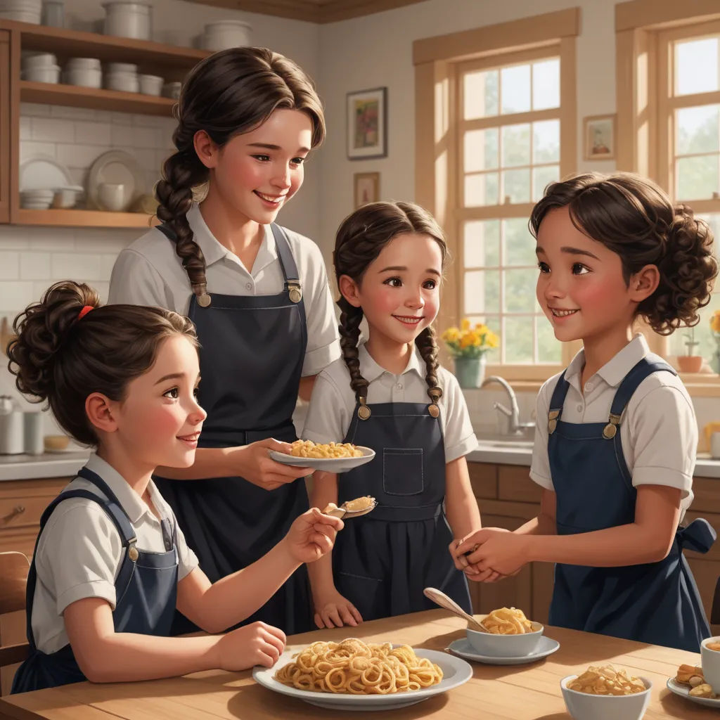 a group of girls standing around a table with plates of food on it and bowls of pasta in front of them, american scene painting, a photorealistic painting, Bob Byerley, official art