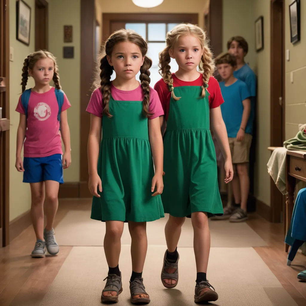 two girls in green dresses standing in a hallway with a group of people in the background in a hallway, les automatistes, a stock photo, Daniel Lieske, promotional image