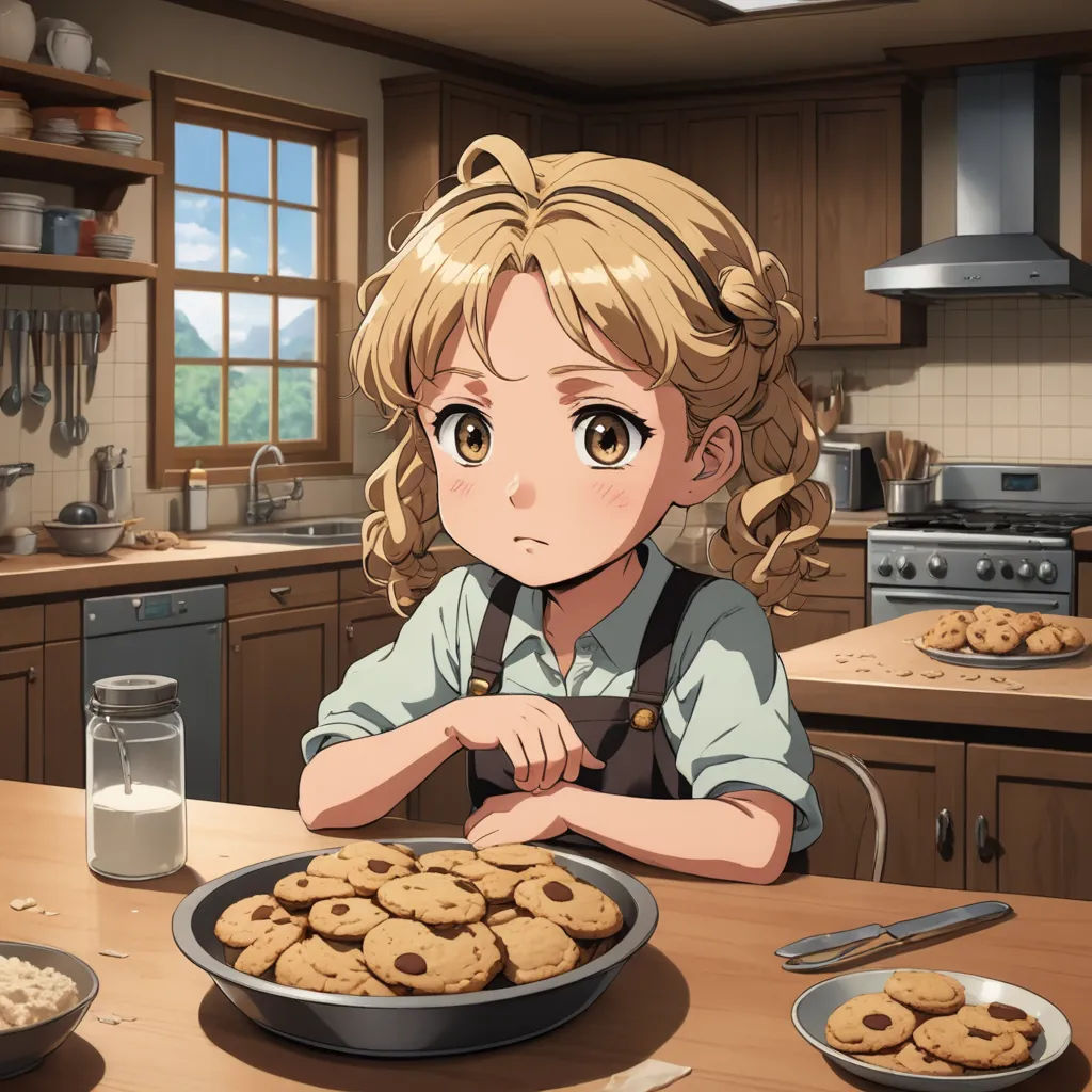 a girl sitting at a table with a plate of cookies in front of her and a bowl of cookies in front of her, american realism, a stock photo, Anne Said, official art