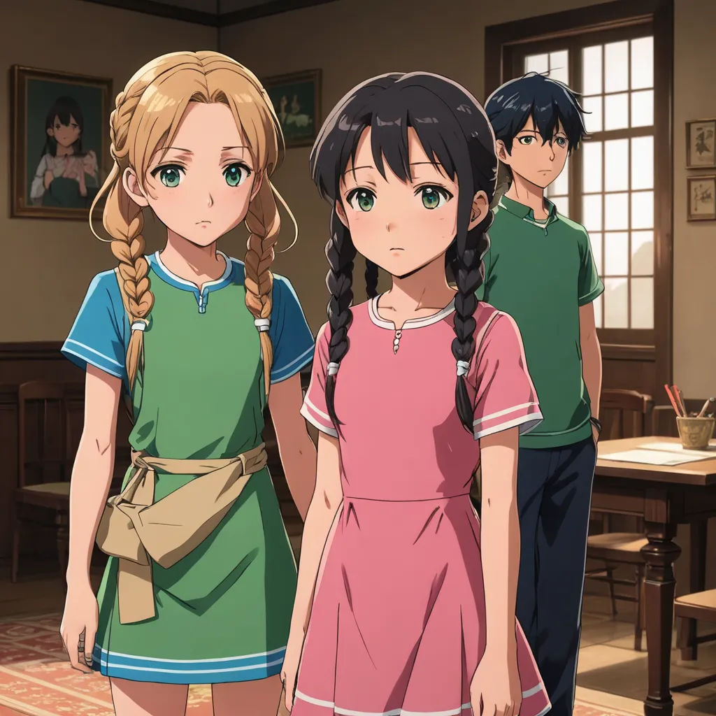 a group of people standing in a room with a table and chairs in the background and a rug on the floor, remodernism, poster art, Anne Said, official art